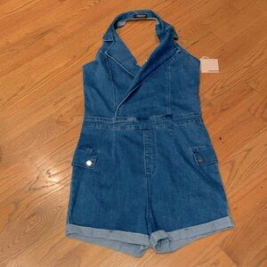 Active USA Women's Notched Collar Halter Style Neck Denim Shorts Romper Large